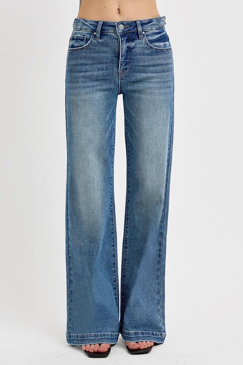 Adjustable Waist Band Wide Leg Denim
