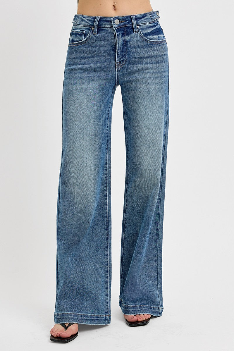 Adjustable Waist Band Wide Leg Denim