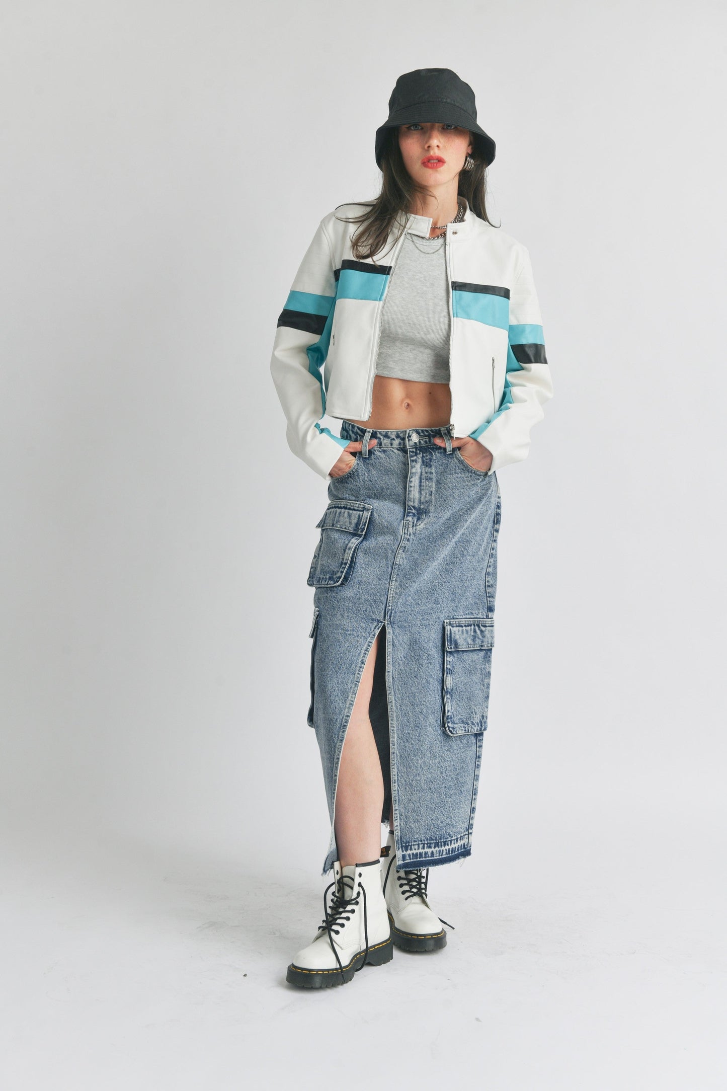 Cargo Denim Midi Skirt