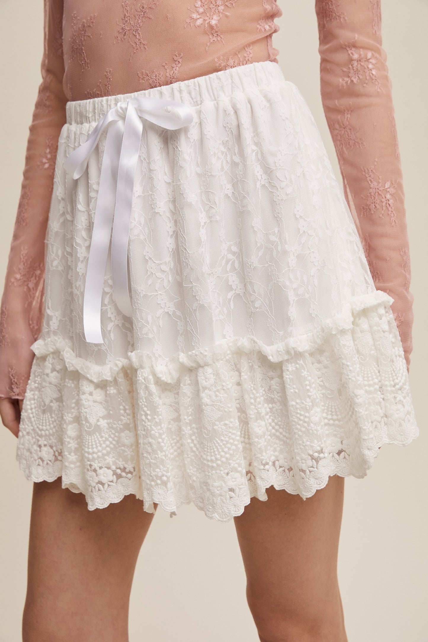 White Lace Tiered Mini Skirt