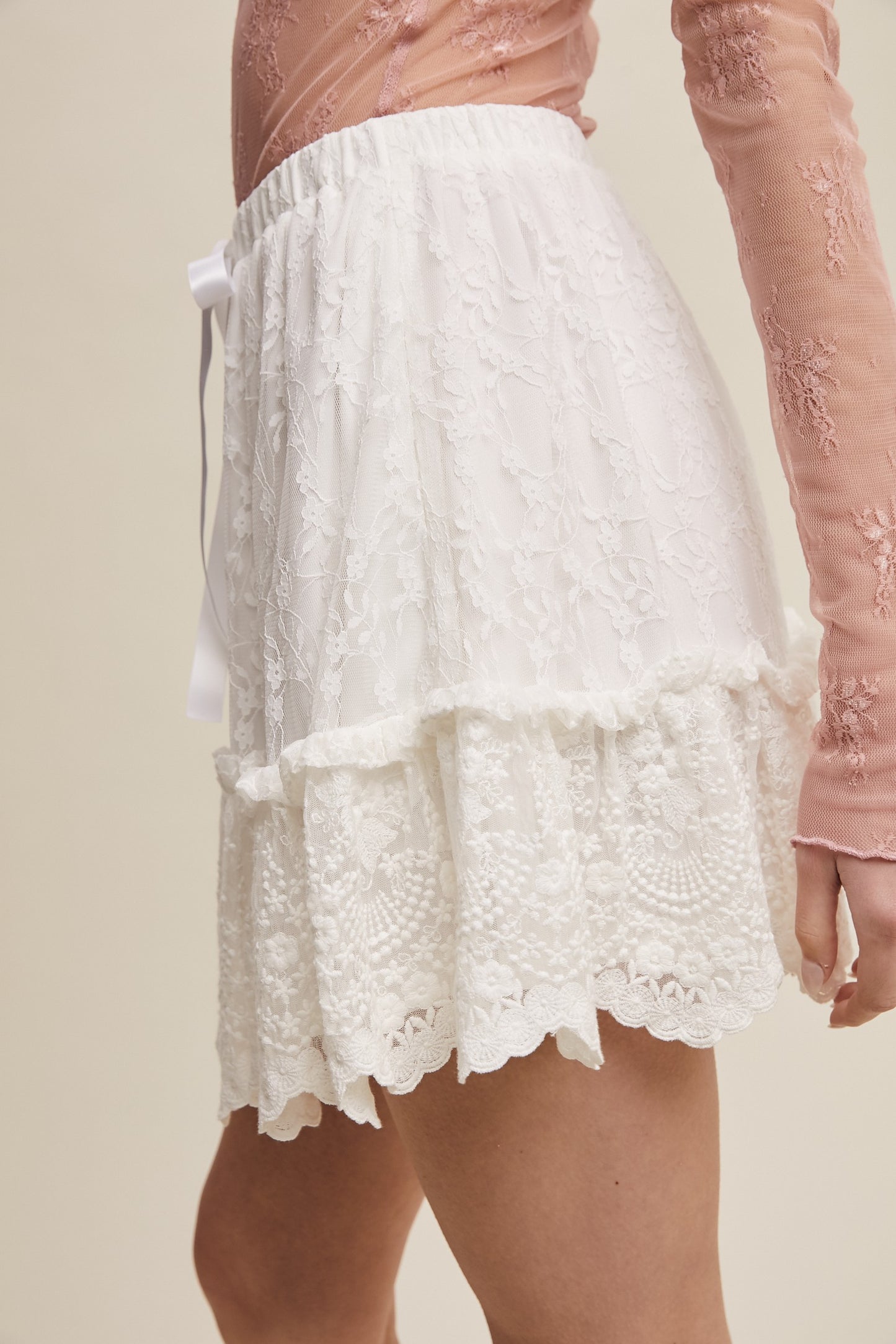 White Lace Tiered Mini Skirt