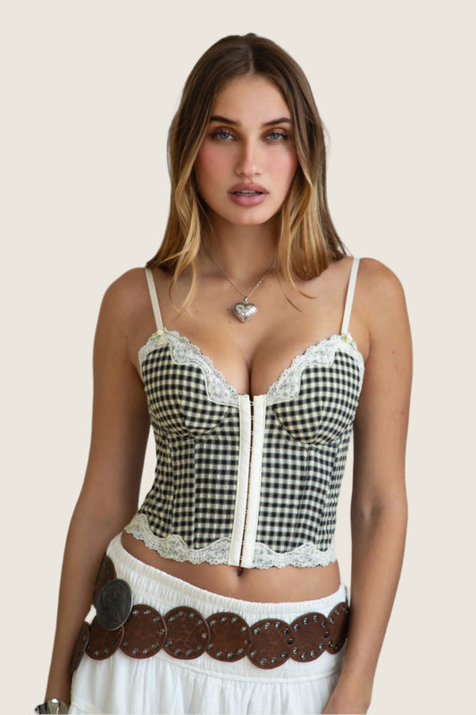 Gingham Crepe Bustier Top