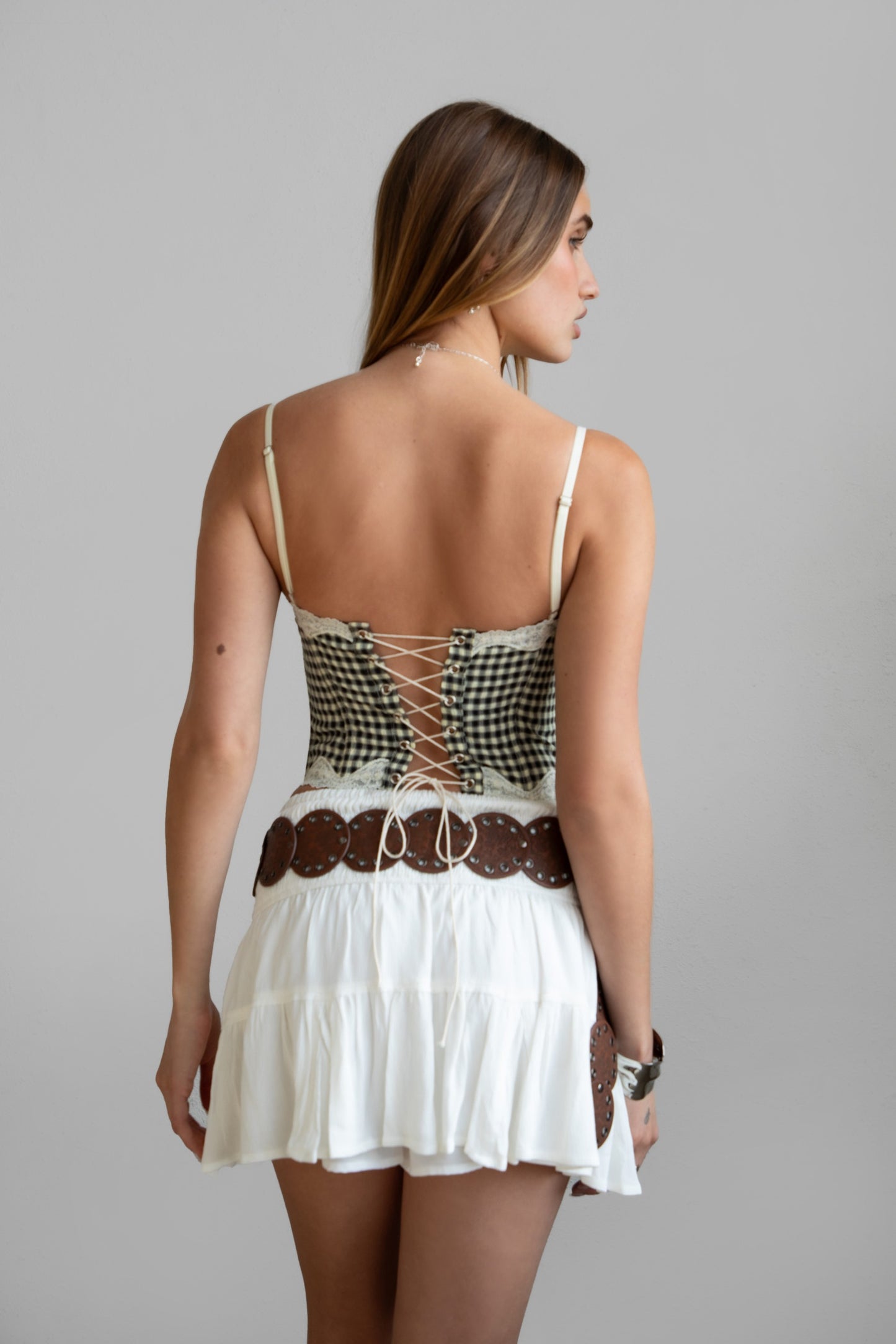 Gingham Crepe Bustier Top