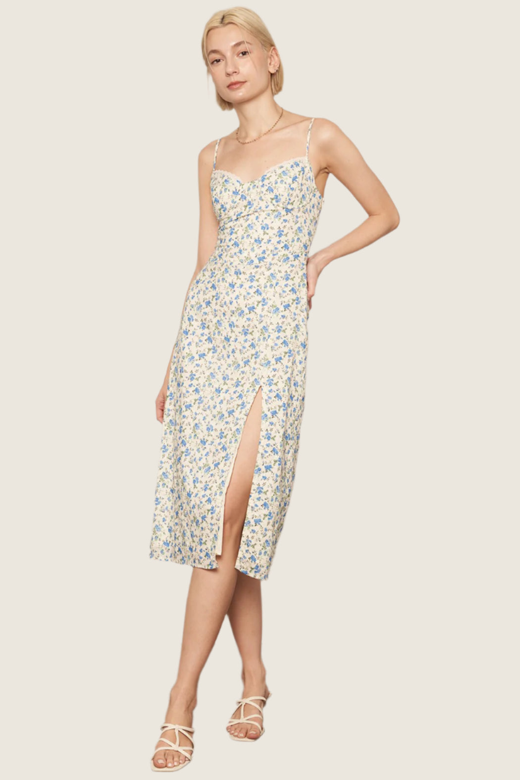 Floral Print Ivory & Blue Midi Dress