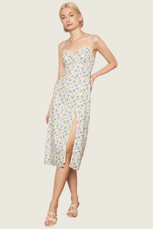 Floral Print Ivory & Blue Midi Dress