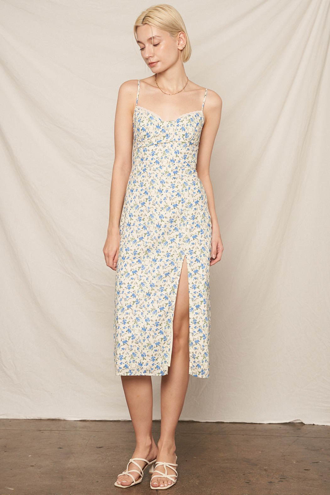 Floral Print Ivory & Blue Midi Dress