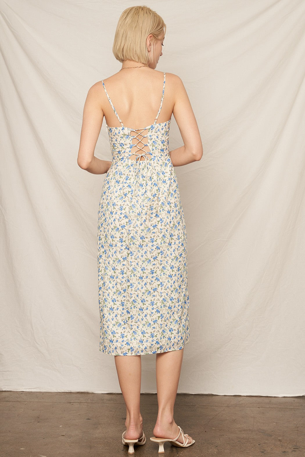 Floral Print Ivory & Blue Midi Dress