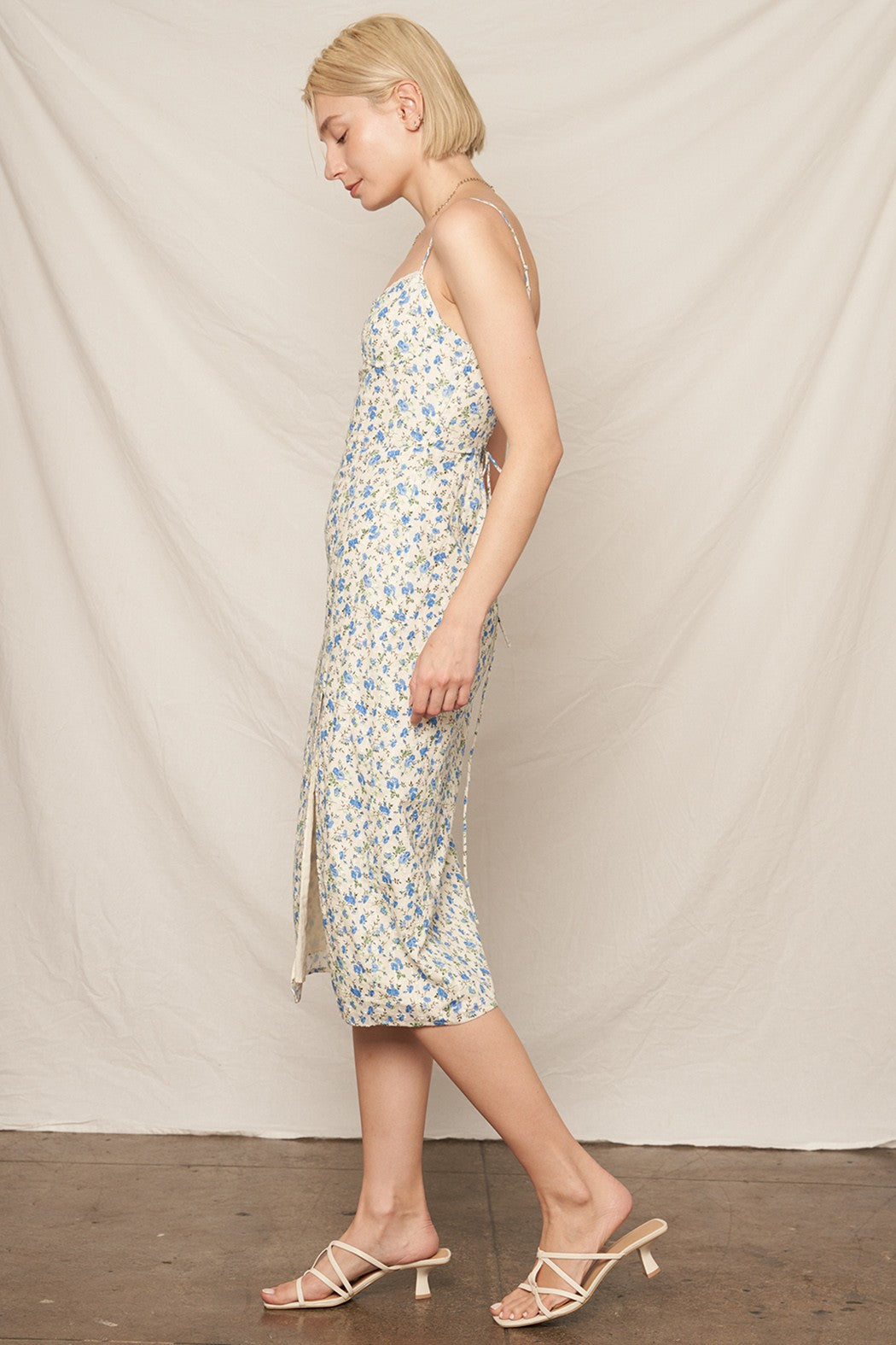 Floral Print Ivory & Blue Midi Dress