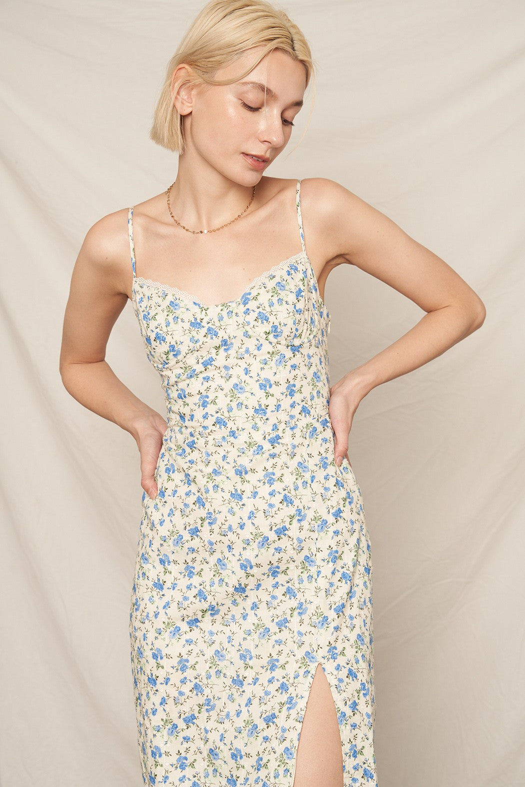 Floral Print Ivory & Blue Midi Dress