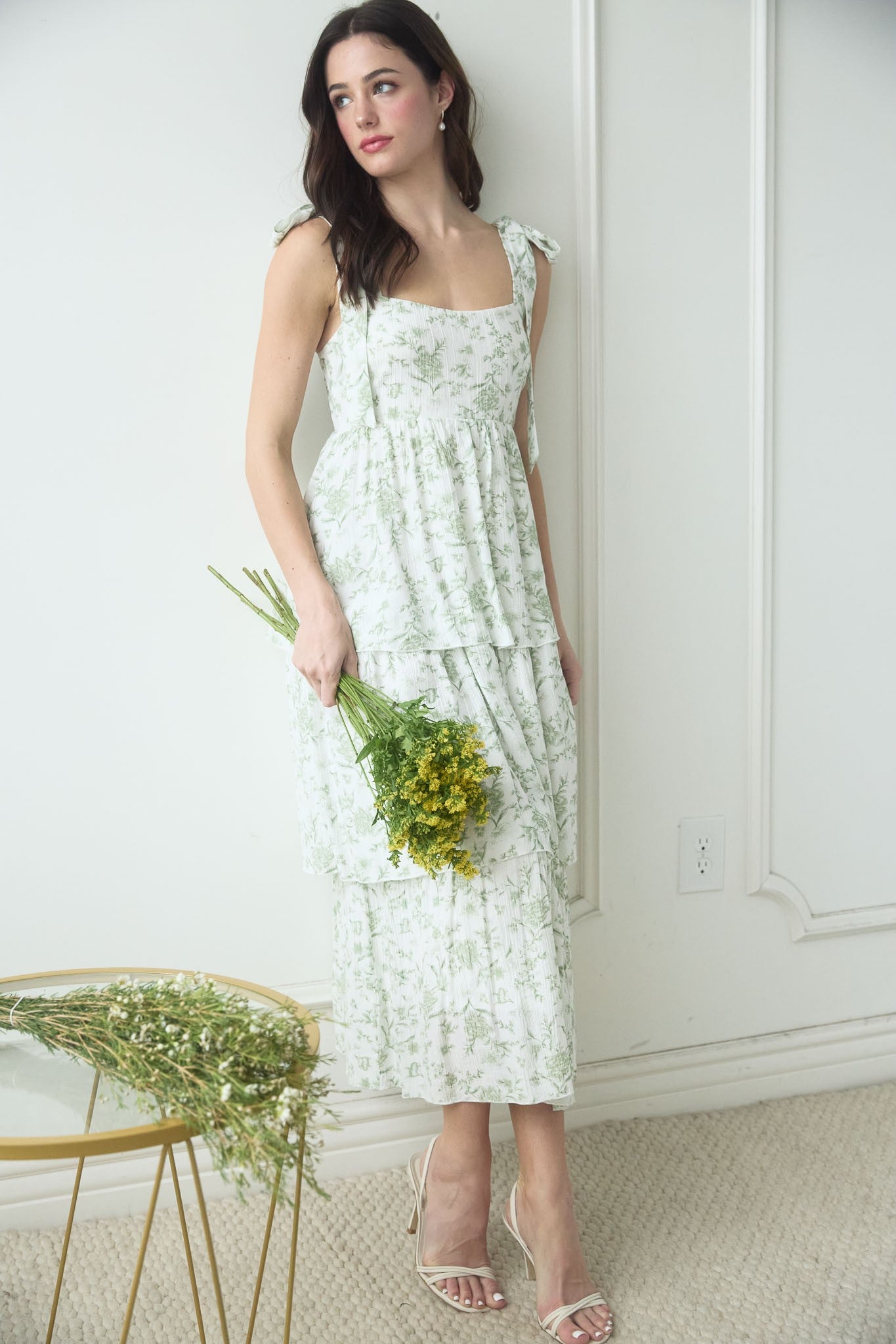 Sage & White Floral Tier Maxi Dress