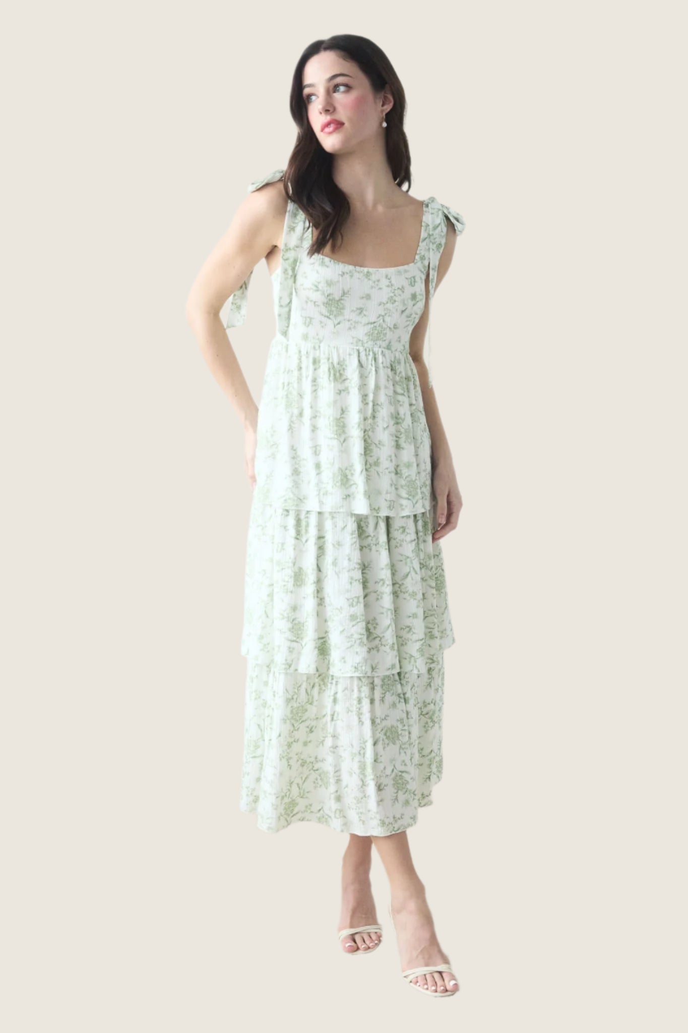Sage & White Floral Tier Maxi Dress