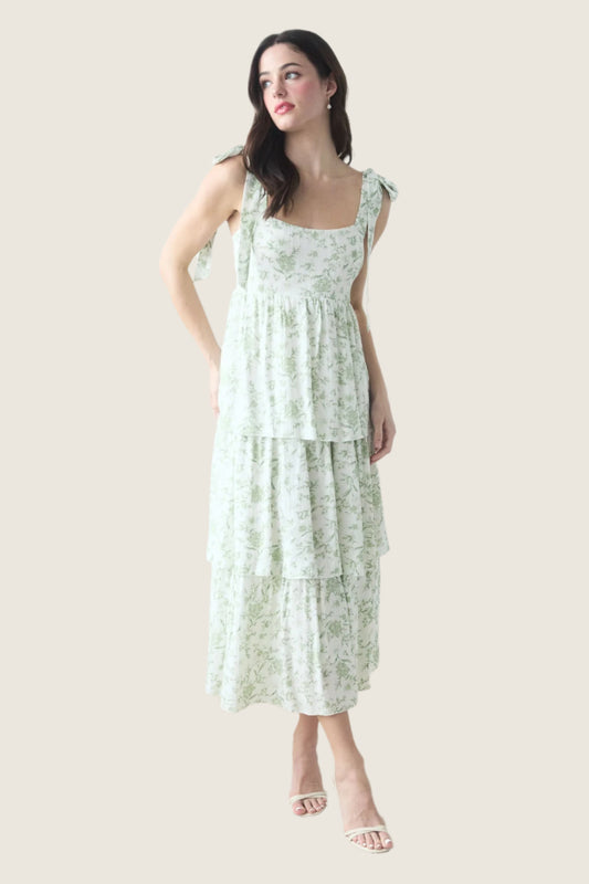 Sage & White Floral Tier Maxi Dress