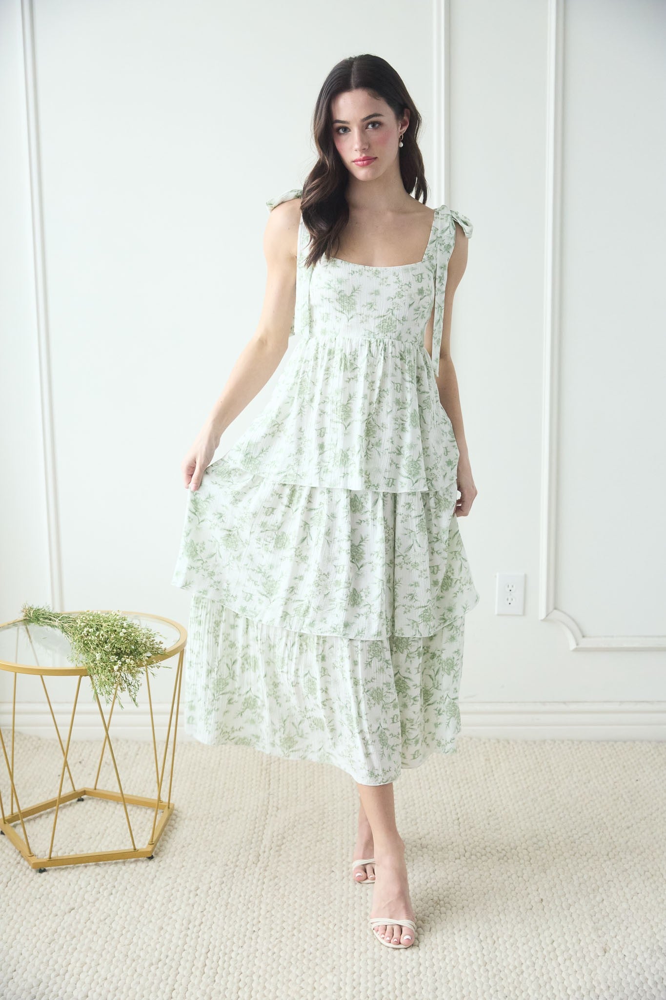 Sage & White Floral Tier Maxi Dress