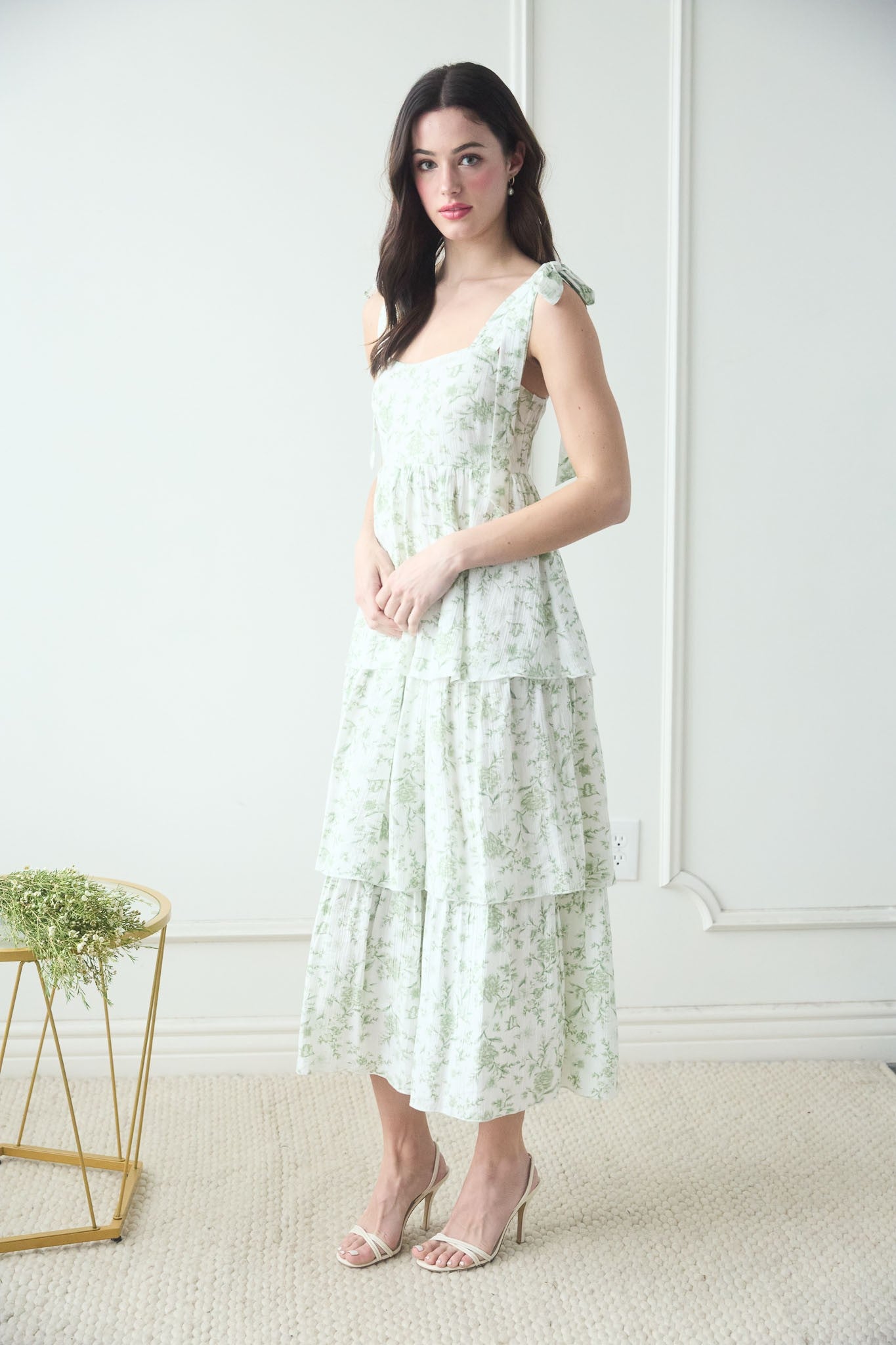 Sage & White Floral Tier Maxi Dress