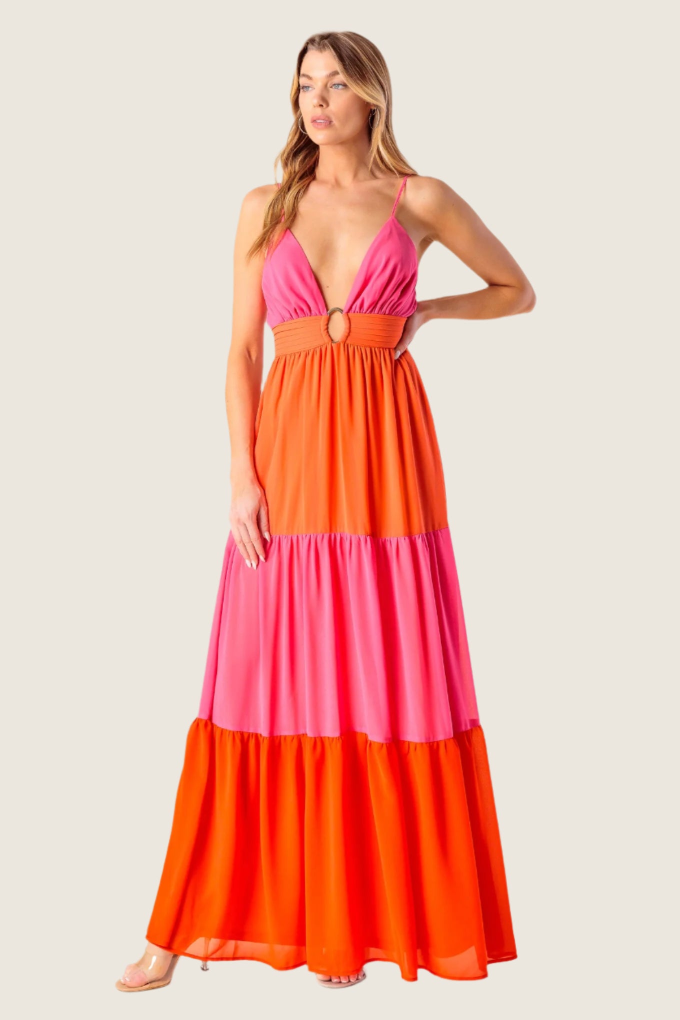 REGAL SUNRISE - PINK & RED COLOR BLOCKED MAXI DRESS FUCHSIA CORAL RED / M REGAL SUNRISE - PINK & RED COLOR BLOCKED MAXI DRESS FUCHSIA CORAL RED / M