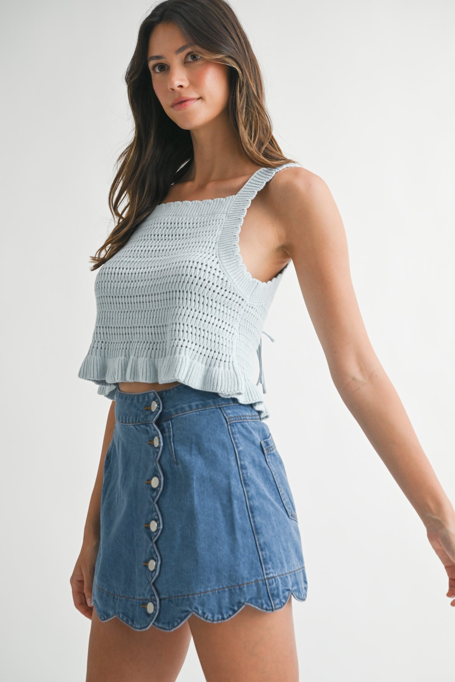 Denim Scallop Hem Front Side Button Mini Skirt