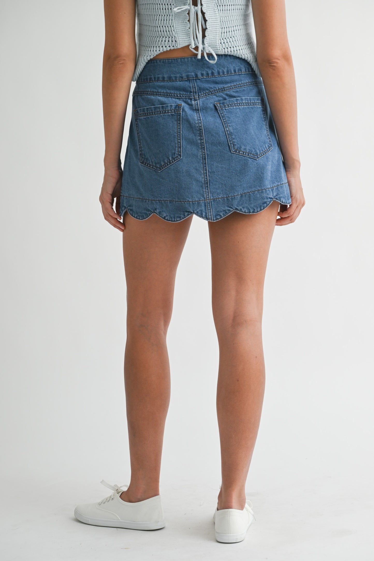 Denim Scallop Hem Front Side Button Mini Skirt