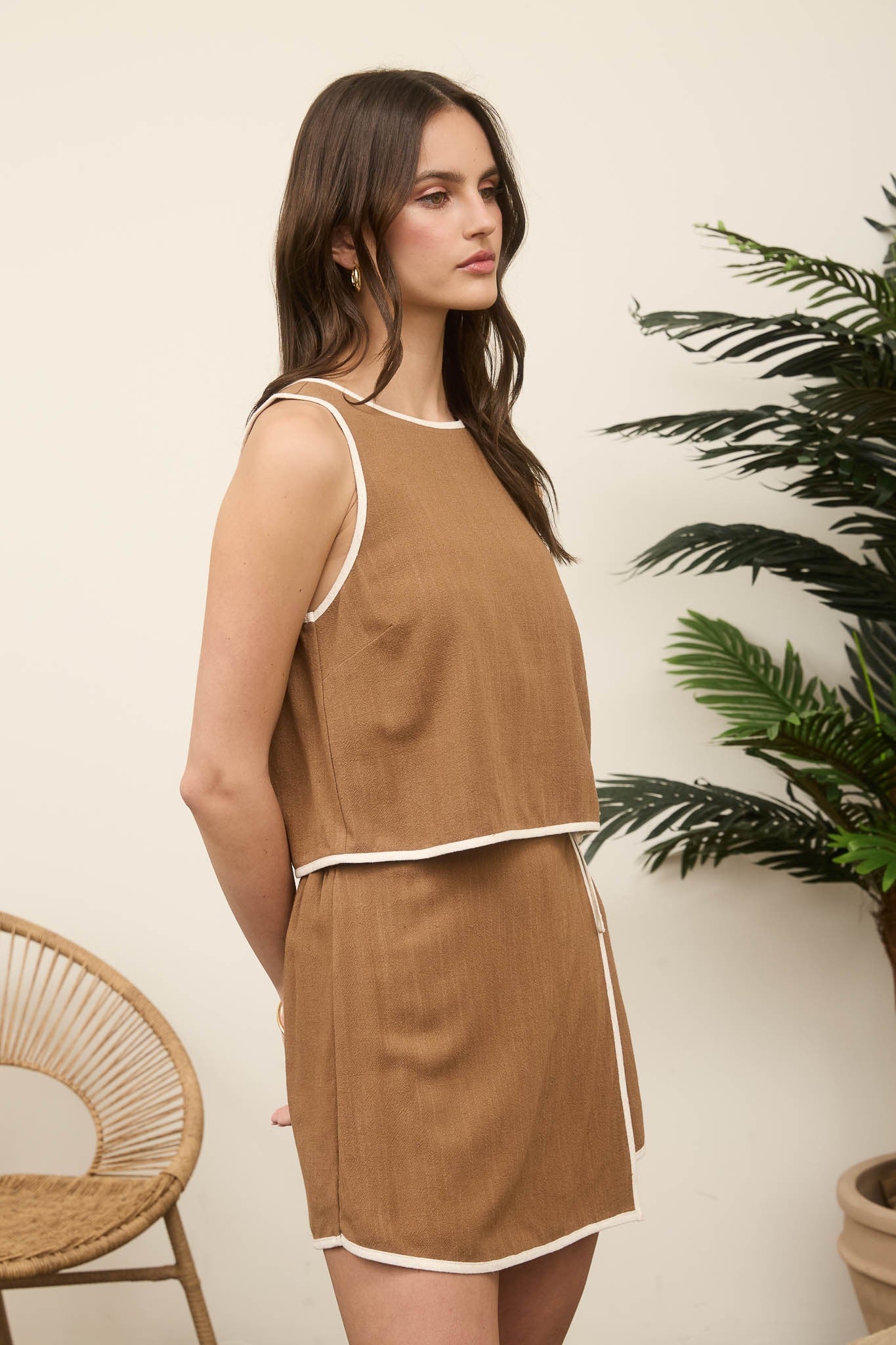 Contrast Trim Brown Skort and Top Set