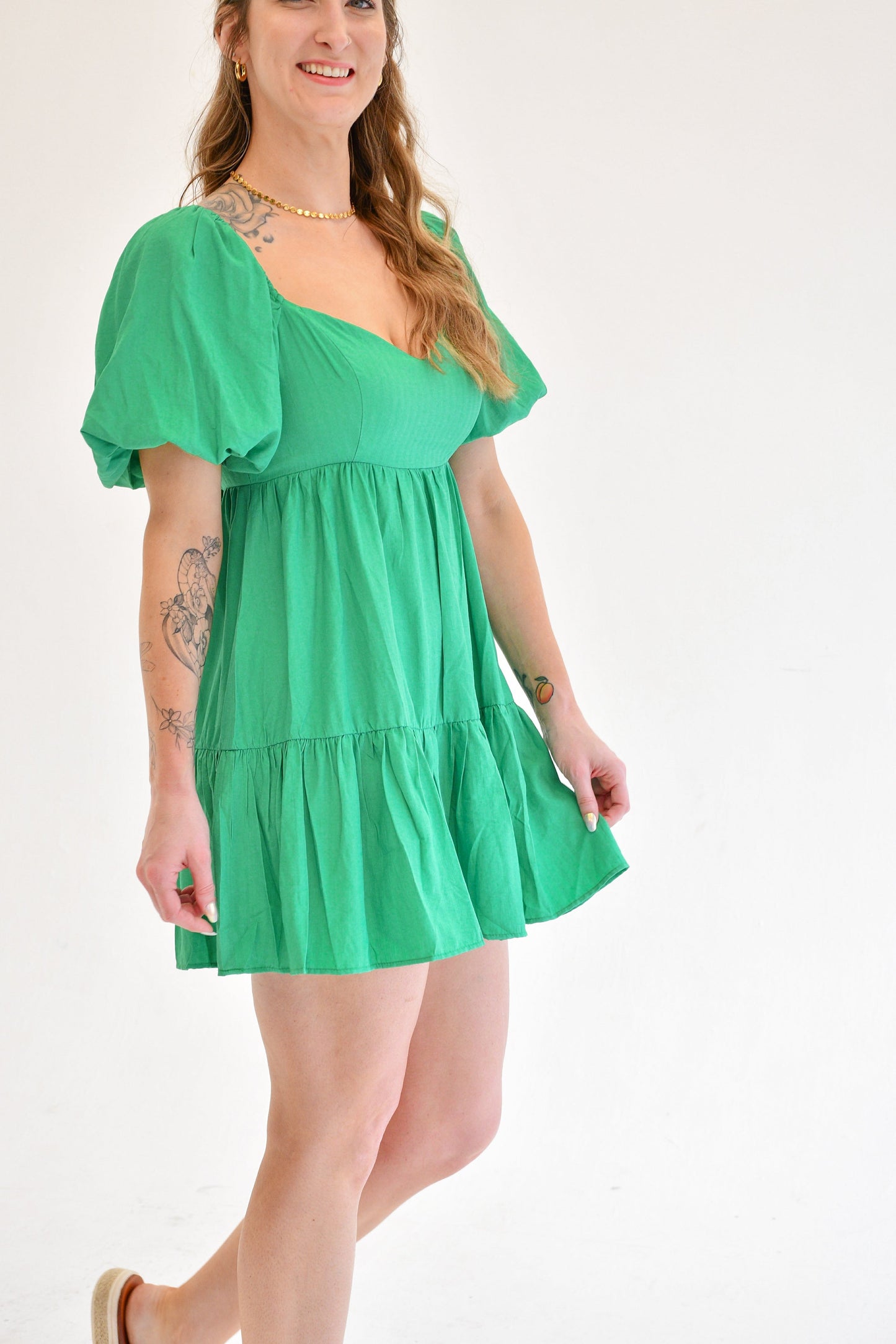 Puff Sleeve Kelly Green Dress