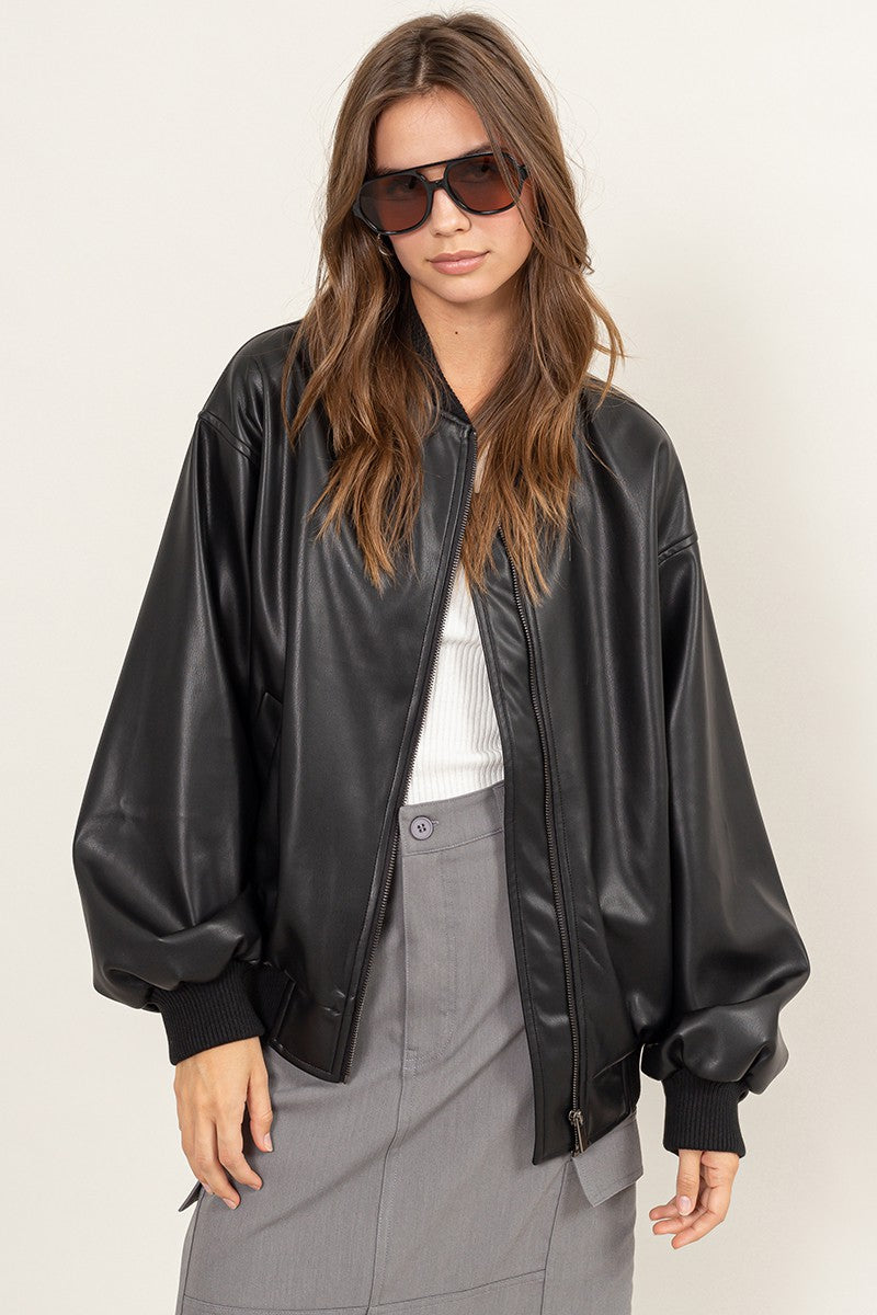 Faux Leather Oversize Bomber Jacket