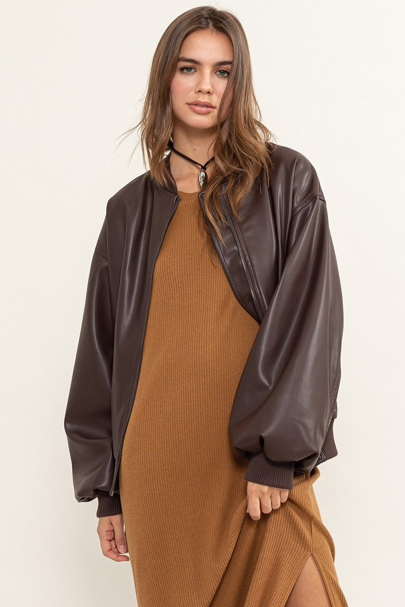 Faux Leather Oversize Bomber Jacket