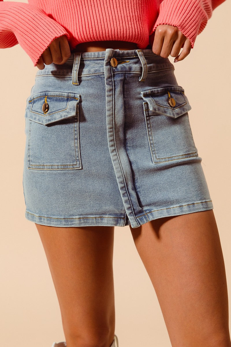 Denim Front Pocket Zipper Mini Skirt