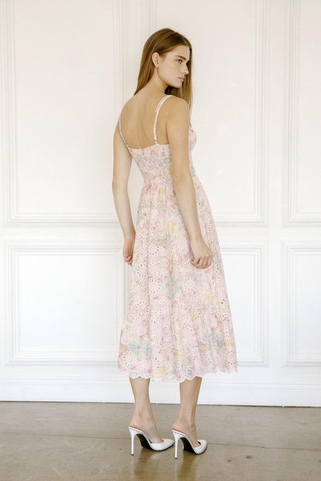 Pink Watercolor Eyelet Midi Dress