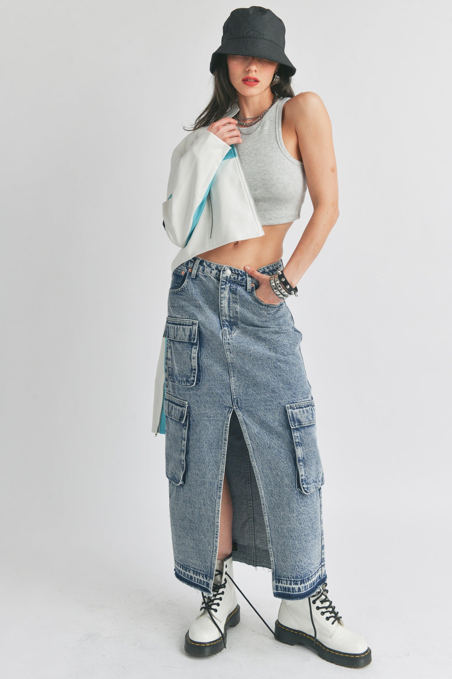 Cargo Denim Midi Skirt