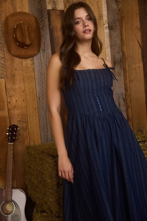 Front Hook Denim Midi Dress