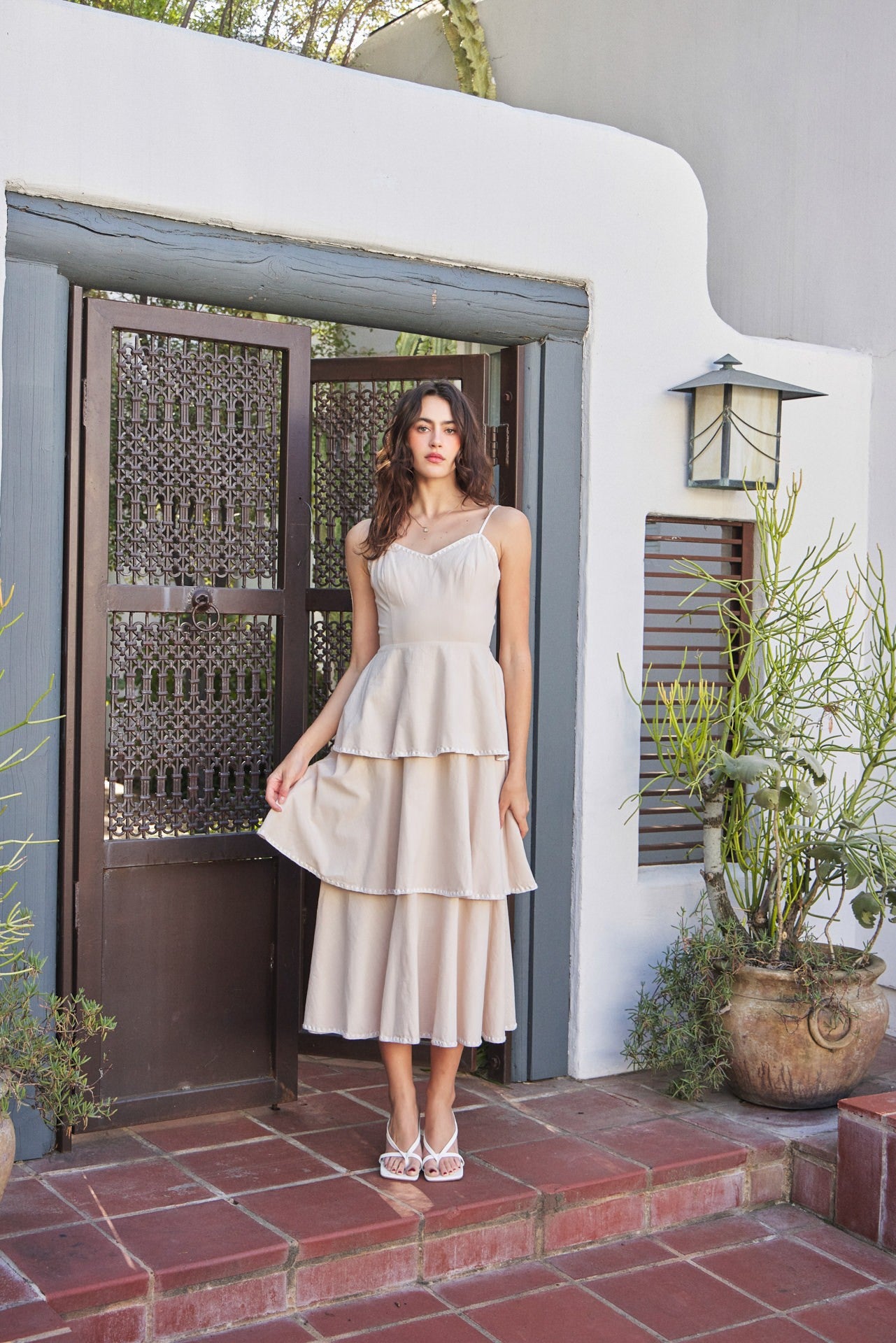 Natural Tiered Ruffle Midi Dress