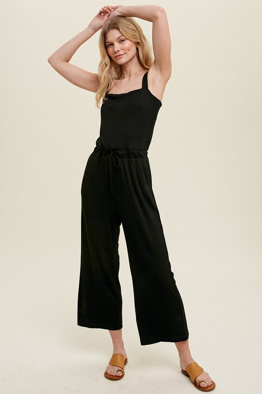 Black Ribbed Midi Jumpsuit