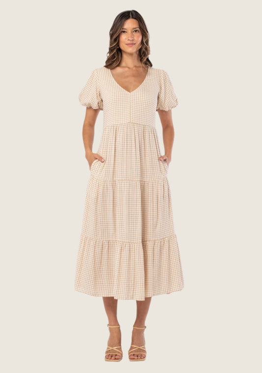 Gingham Linen Puff Sleeve Midi Dress