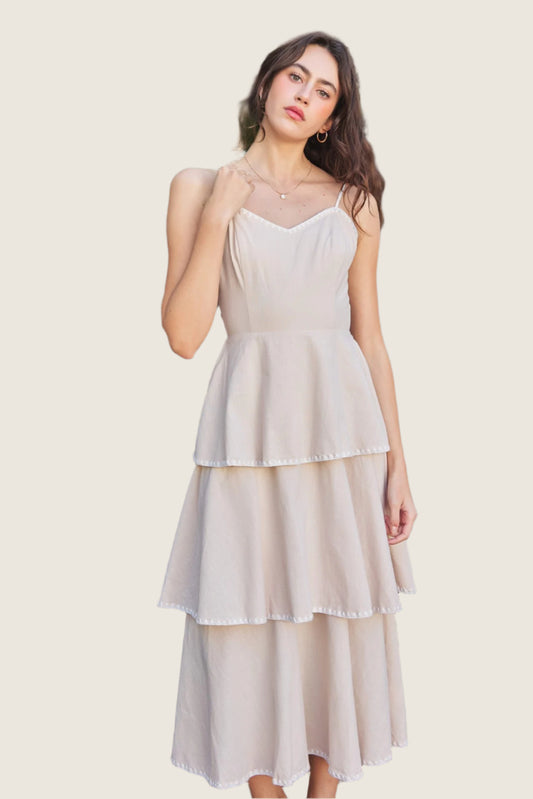 Natural Tiered Ruffle Midi Dress