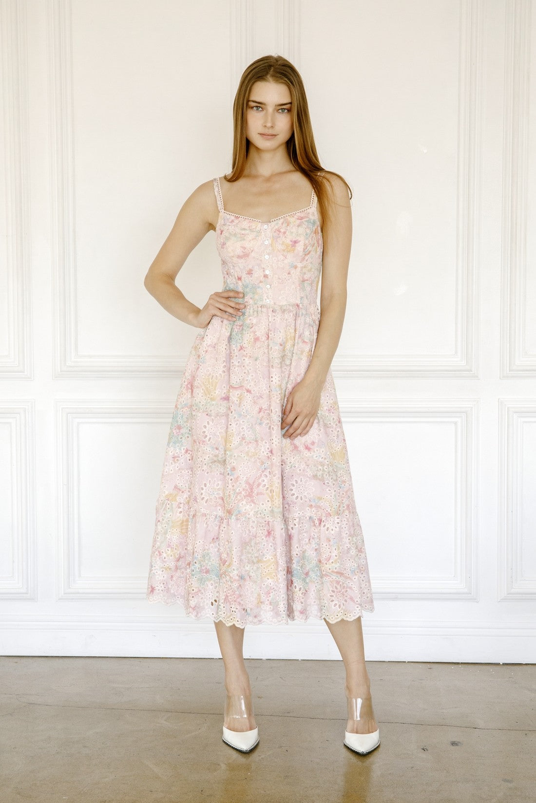 Pink Watercolor Eyelet Midi Dress