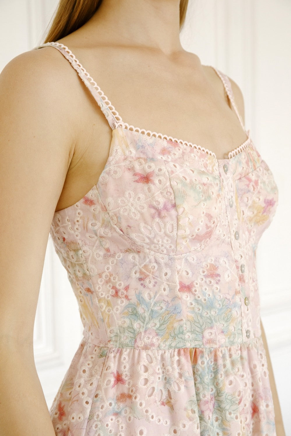 Pink Watercolor Eyelet Midi Dress