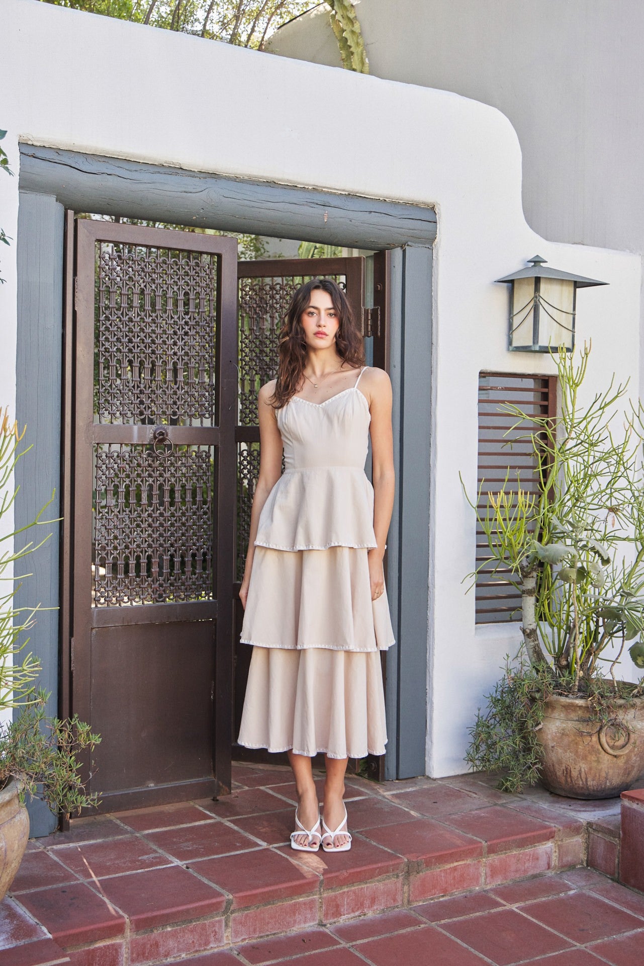 Natural Tiered Ruffle Midi Dress