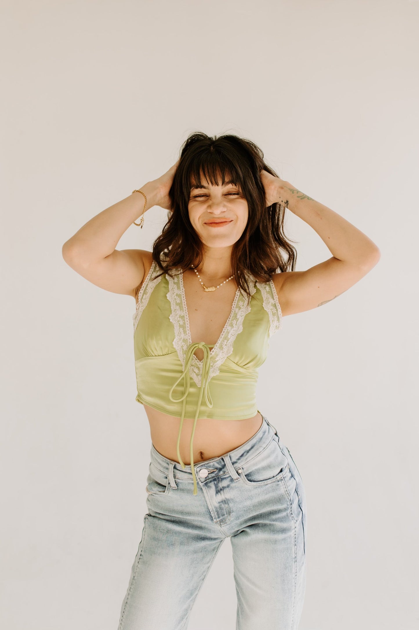 Lime Lace Trim Satin Top