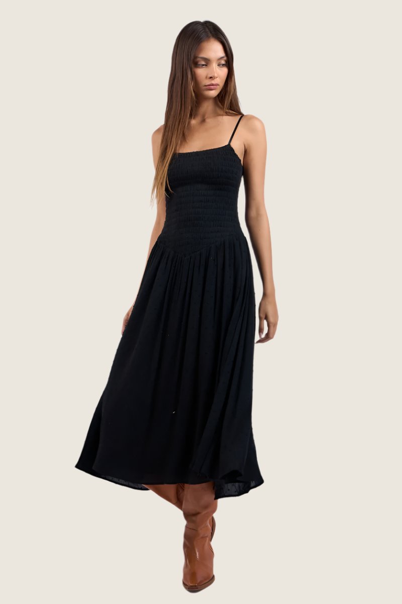 Smocked Basque Waist Midi Dress Large / Black Smocked Basque Waist Midi Dress Large / Black