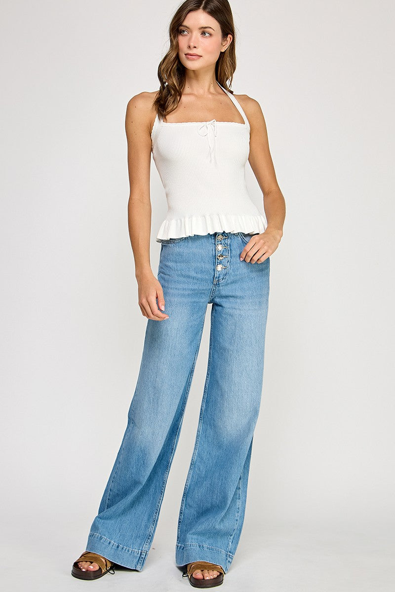 Halter White Ruffle Top