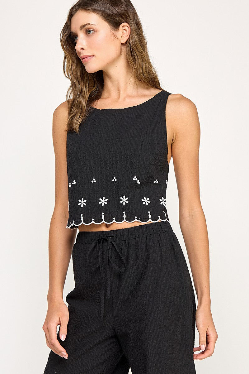 Cotton Gauze Black Embroider Top