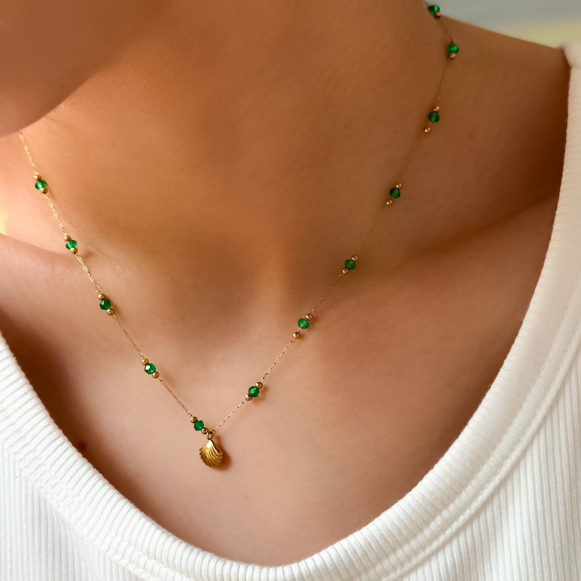 Gold and Green Shell Necklace
