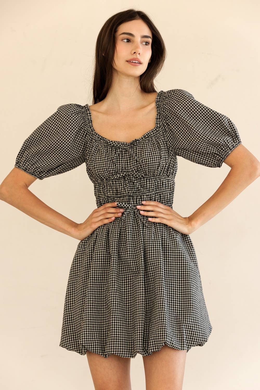 Black Gingham Puff Sleeve Mini Dress