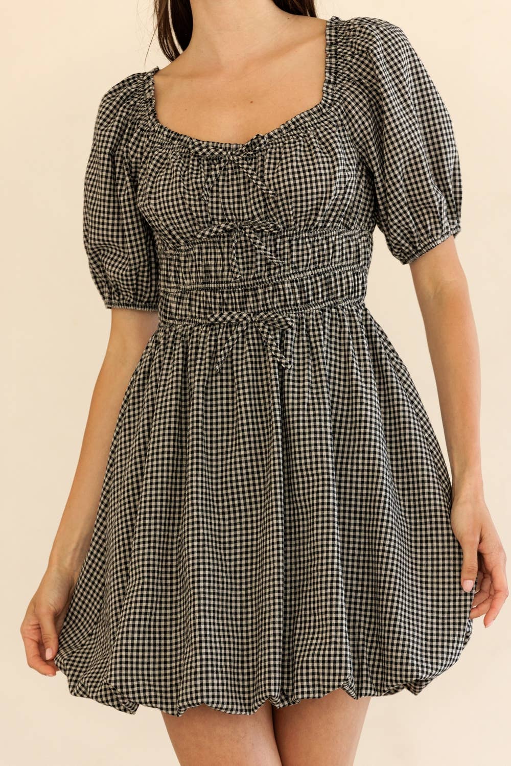 Black Gingham Puff Sleeve Mini Dress