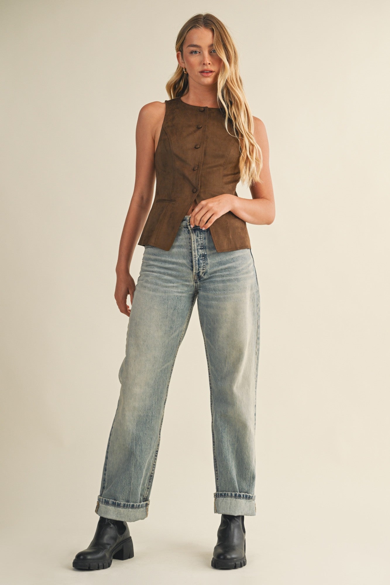 Brown Suede Button Vest Top