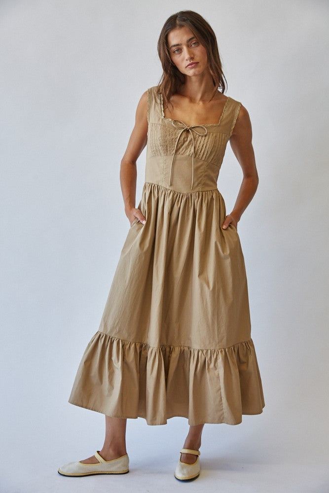 Taupe Cotton Tie Detail Maxi Dress