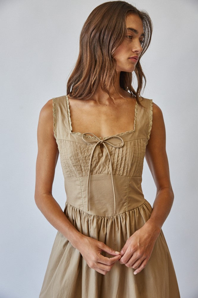 Taupe Cotton Tie Detail Maxi Dress