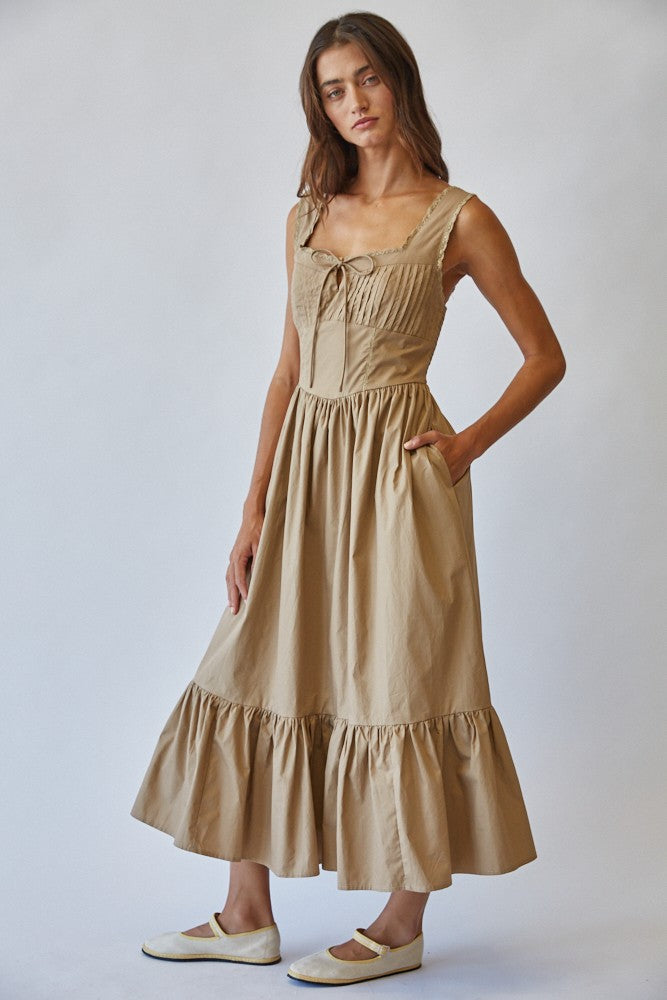 Taupe Cotton Tie Detail Maxi Dress