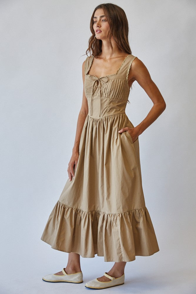 Taupe Cotton Tie Detail Maxi Dress