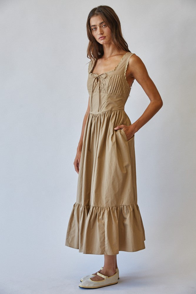 Taupe Cotton Tie Detail Maxi Dress