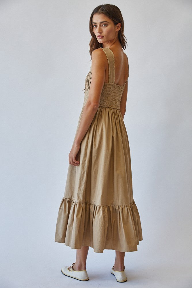 Taupe Cotton Tie Detail Maxi Dress